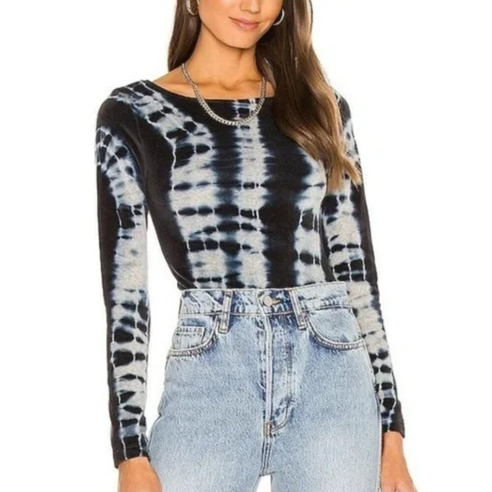 Allsaints Blue Gray Velvet Tie Dye Raffi Long Sleeve Bodysuit